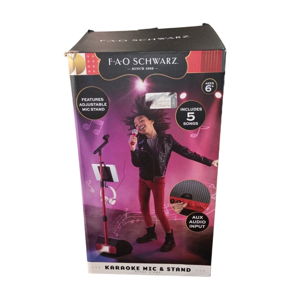 FAO Schwarz Karaoke Mic & Adjustable Stand with 5 Songs & Aux Audio Input